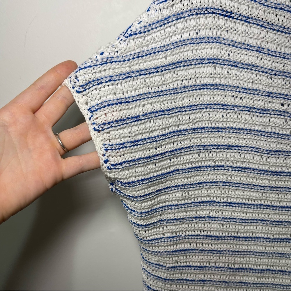 Lauren Ralph Lauren Blue White Striped Open Knit Short Sleeve coastal Top MP - Picture 5 of 9